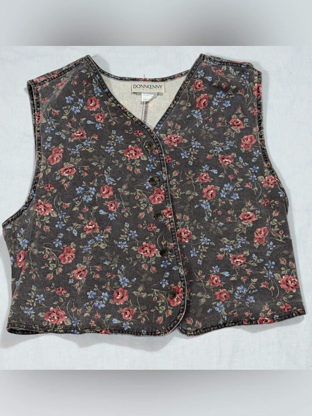 Vintage Donnkenny Women XL Floral Button Front Cinch Back Vest 90s Cottagecore